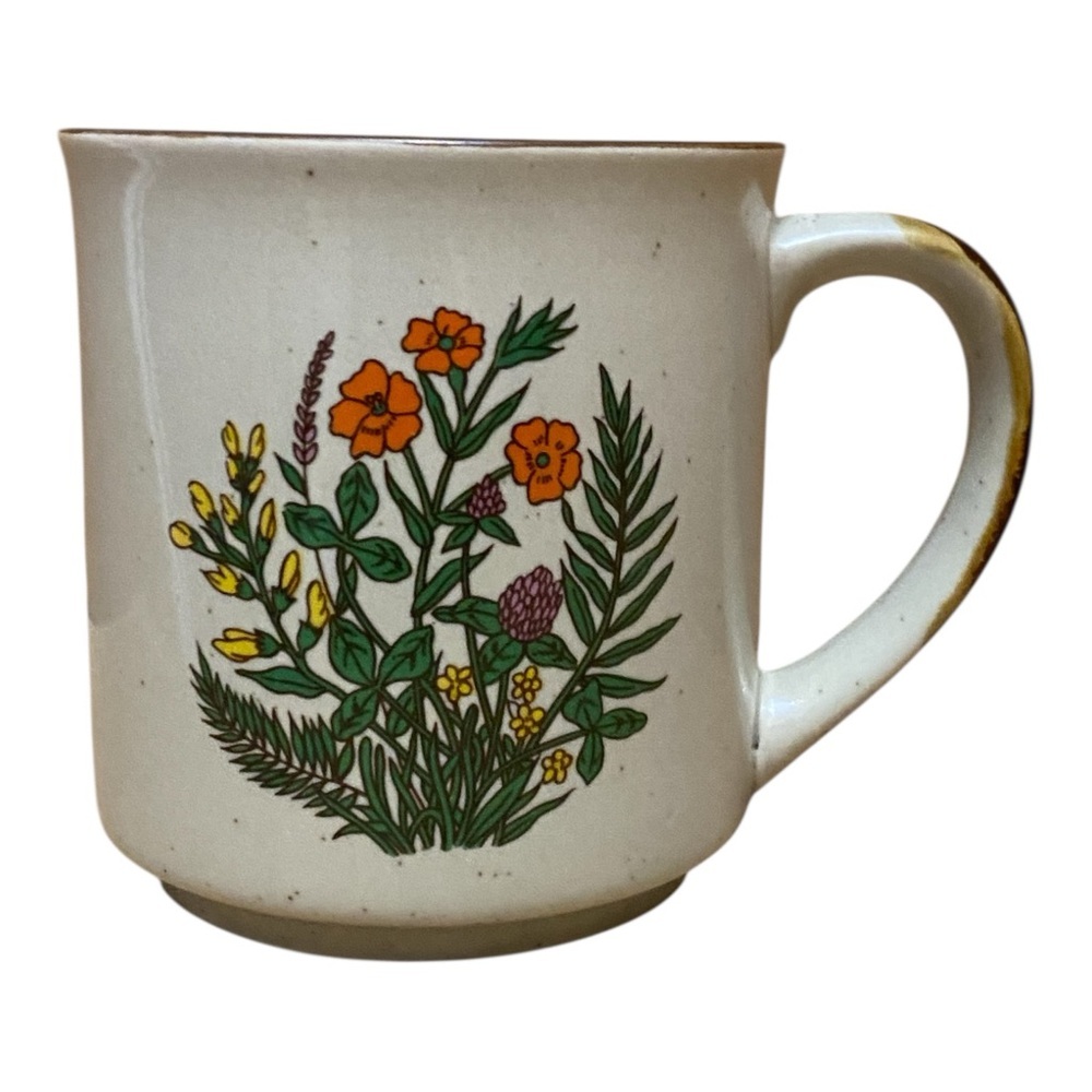 Vintage 1970s Vintage Speckled Stoneware Mug With Wildflower Print Cozy Boho